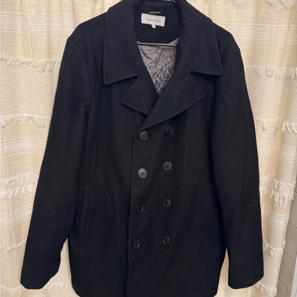 Calvin Klein Black Peacoat with Wide Lapels and Structured Shoulders
